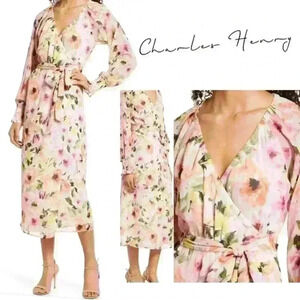 Charles Henry Floral Print  Wrap Midi Dress Ivory Pink Peach Long size XS